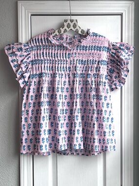 SOHANA Boho Block Print Pink Blue Floral Pintuck Flutter Sleeve Blouse Size XL